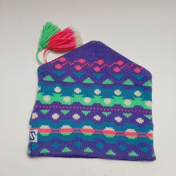 Retro 80's MURRAY MERKLEY 100% Wool Intarsia Geo Pattern Knit Beanie Hat Pom-Pom - Picture 8 of 15
